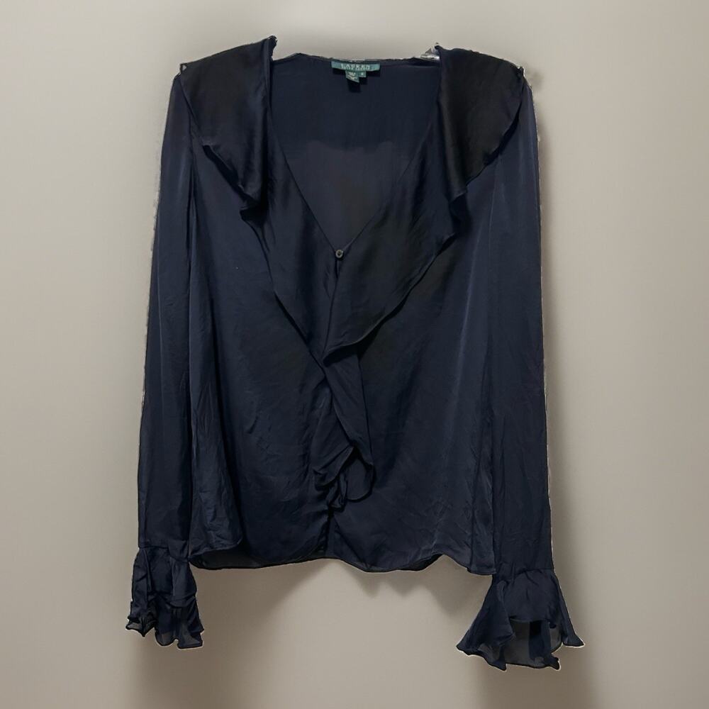 Y2K Lauren Ralph Lauren Silk Blouse 12 Navy Blue Ruffle V-Neck Bell Sleeve